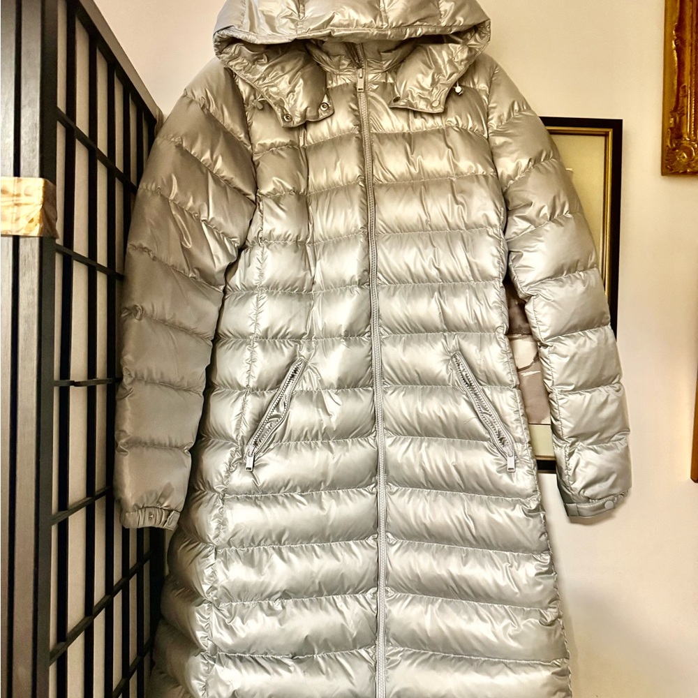 Aritzia Shiny Silver Long Puffer Coat